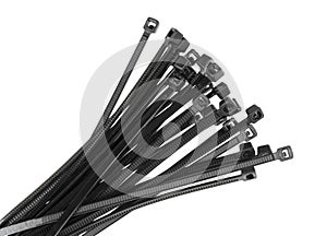 Black plastic cable ties isolated on white background. plastic wire ties closeup