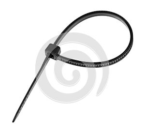 Black plastic cable ties isolated on white background. plastic wire ties closeup