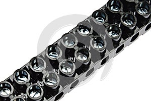 Black plastic conductor bonding linear terminal, stainless steel fastening screws inside, white background