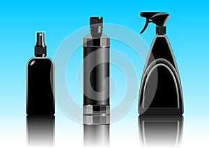 Black plastic container, packaging for cosmetic, chemical, liquid products, a set of different shapes