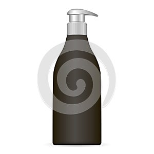 Black Plastic cosmetic bottle with silwer cap isolated on white background. Package with pump dispenser for cream, liquid soup, fo