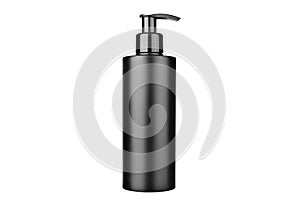 Black plastic cosmetics bottle with pump on white background isolated close up, soap dispenser container template, blank package