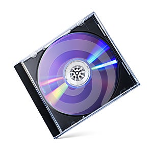 Black plastic disc box case CD DVD jewel with purple rewritable disk isolated on white