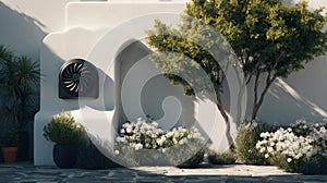 Black Plastic Draft Inducer Housing Installed on a White Wall With Plants and Landscaping in a Modern Architectural