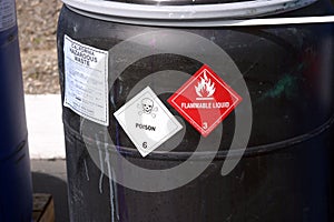 Black plastic drum with hazardous waste