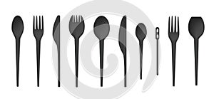 Black plastic fork, knife and spoon set realistic vector illustration. Collection disposable cutlery