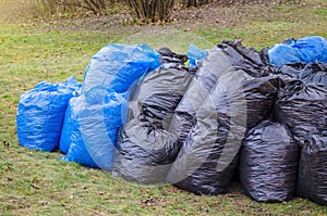 Black plastic garbage bags in the park, spring cleaning. Leaves and garbage in the bags.