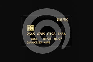 Black Plastic Golden Credit Card with Chip. 3d Rendering