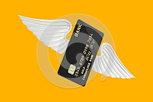 Black Plastic Golden Credit Card with Chip and Angel Wings. 3d Rendering