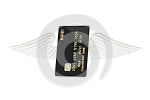 Black Plastic Golden Credit Card with Chip and Angel Wings. 3d Rendering