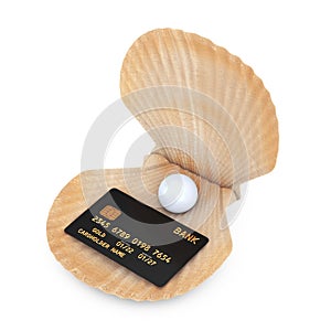 Black Plastic Golden Credit Card with Chip in Beauty Scallop Sea or Ocean Shell Seashell. 3d Rendering