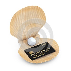 Black Plastic Golden Credit Card with Chip in Beauty Scallop Sea or Ocean Shell Seashell. 3d Rendering