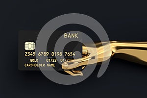 Black Plastic Golden Credit Card with Chip in Gold Abstract Hand. 3d Rendering