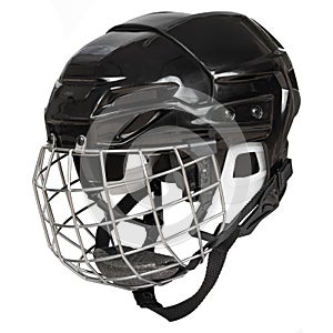 Black plastic hockey helmet with protective net on white background