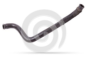 Black plastic hose of the car engine cooling system on a white isolated background in a photo studio for replacement during repair