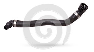 Black plastic hose of the car engine cooling system on a white isolated background in a photo studio for replacement during repair