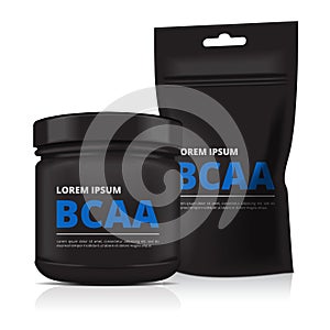 Black Plastic Jar and foil doy pack isolated on white background. Sport Nutrition, Whey Protein or Gainer