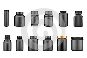 Black plastic jar mockups isolated on white background