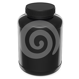 Black plastic jar for sport nutrition whey protein powder isolated on white