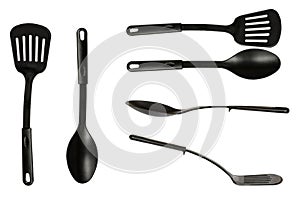 Black plastic kitchen utensils, set and collection