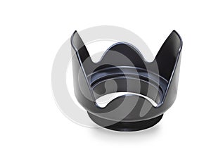 Black plastic lens hood isolated white