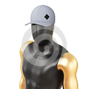 Black, plastic mannequin, golden hands, gray cap on the head, black label for mockup. White isolated background. 3D