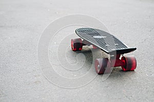 Black plastic skateboard with red wheels on asphalt