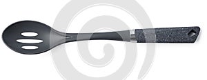 Black plastic spoon for draining on white background