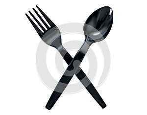 Black plastic spoon and fork isolated on white background