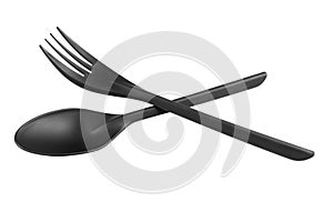 Black plastic spoon and fork isolated on white background. Disposable tableware set isolated with clipping path