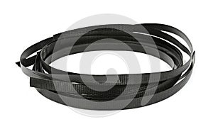 Black plastic strapping isolated on white