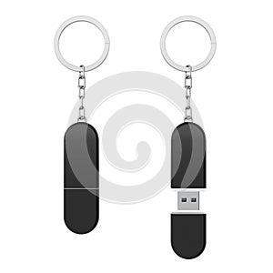 Black Plastic USB Flash Memory Drive Key Chain Mockup. 3d Rendering