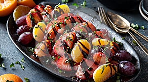 Black plate with a fruit salad on it