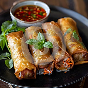 A black plate with spring rolls and a side of dipping sauce