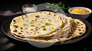 Black plate topped with four flatbreads served alongside bowl of fresh corn. Perfect for delicious