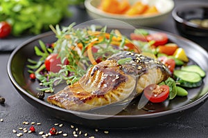 Black plate topped with grilled Saba fish covered in teriyaki sauce and assorted vegetables