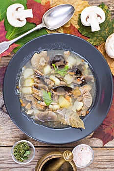Black plate with wild mushroom soup
