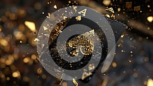 A black playing ace card with gold letters floating in the air, in the style of vray