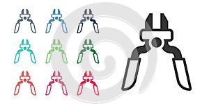 Black Pliers tool icon isolated on white background. Pliers work industry mechanical plumbing tool. Set icons colorful