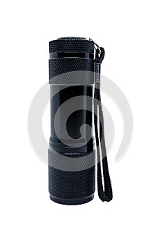 Black pocket flashlight, close up. Isolated on white with clipping path