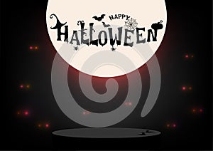 Black podium decoration with Halloween scenes, Moon, Spiders, and Eyes staring in the dark.