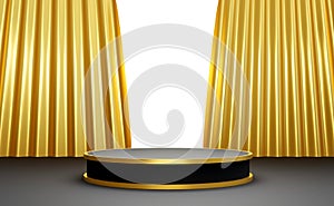 Black podium with golden opening curtain. Stand to show products.