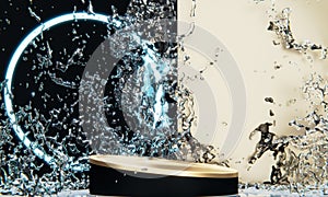 black podium and water splashing on white background.3D rendering