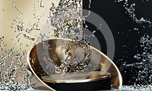 black podium and water splashing on white background.3D rendering