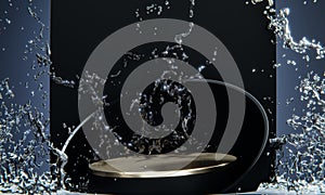 black podium and water splashing on white background.3D rendering