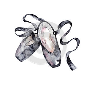 Black pointe shoes. Ballet shoes. Watercolor illustration