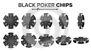 Black Poker Chips Vector. Realistic Set. Plastic Round Poker Game Chips Sign On White. Flip Different Angles