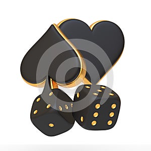 Black Poker Symbols with Dice and Gold Highlights isolated on a white background