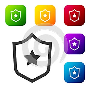 Black Police badge icon isolated on white background. Sheriff badge sign. Shield with star symbol. Set icons in color