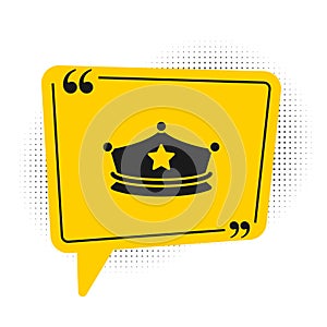 Black Police cap with cockade icon isolated on white background. Police hat sign. Yellow speech bubble symbol. Vector